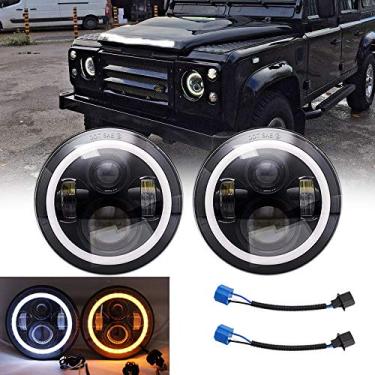 Imagem de AMUNIESUN Compatível com Land Rover Defender 90/110 Par DOT 17.8 cm Farol Redondo Hi/Lo Beam com Anel Halo Branco DRL Âmbar Turn Light