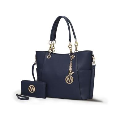 Imagem de MKF Collection Bolsa feminina com alça superior para carteira - bolsa de couro vegano, Bonita azul-marinho, Large
