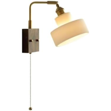 Imagem de Luminária de parede de latão nogueira japonesa, braço oscilante com interruptor, cordão de puxar, lâmpada de cabeceira retrô branca para quarto, sala de estar, estudo, vidro de leitura