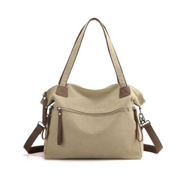 Imagem de CORIOS Bolsa feminina de lona, bolsa de ombro de grande capacidade, bolsa transversal, casual, alça superior, bolsa mensageiro, Caqui, Large