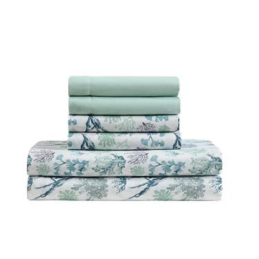 Imagem de CARIBBEAN JOE Jogo de lençol de 6 peças com fronhas refrescantes, bolsos profundos de 30,5 cm, design costeiro de praia tropical, King, Ariel