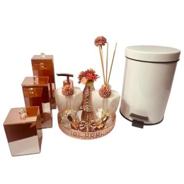 Imagem de Kit Lavabo Luxo Rose Gold Difusor Sabonete Lixeira Porta Escovas Bandeja