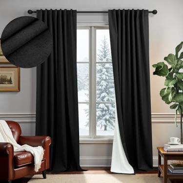 Imagem de Cortinas blackout de linho preto para sala de estar, 2 painéis, 2 painéis, plissadas, texturizadas, cortinas térmicas para verão, calor, comprimento até o chão, quarto, cortina preta, casa de fazenda