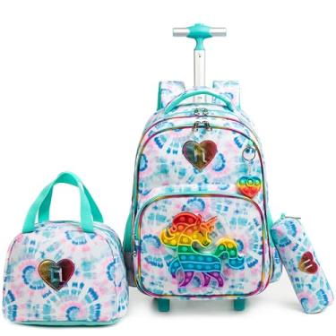 Imagem de Egchescebo Mochila Escolar Infantil com Rodinhas para Menina e Crianças Rodas Bolsa Mala Carrinho 17” 3PCS Lancheira Juvenil Estojo Costas Divertidamente Toy Brinquedos de Unicórnio Verde