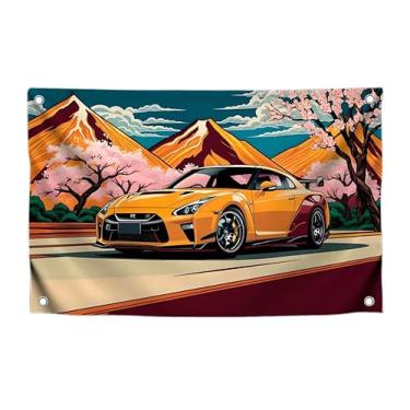 Imagem de Bandeira laranja de carro de corrida de 0,9 x 1,5 m com quatro ilhós de latão - Banner Racing Auto em estilo japonês com montanhas de imagem e árvore Sakura no fundo para decoração de parede -