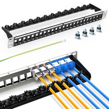 Imagem de PBAEGAV Patch Panel 24 portas UTP/STP Keystone Patch Panel com gerenciamento de cabos e barra de suporte adequado com vários tipos Keystone (24 portas)