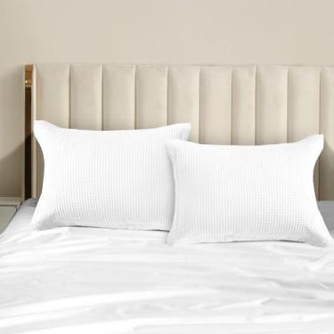 Imagem de Conjunto de 2 fronhas de travesseiro padrão de trama waffle branca 100% algodão orgânico branco com fecho de envelope, ultramacia, aconchegante e decorativa, 51 x 66 cm