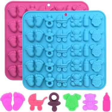 Imagem de Pacote com 2 moldes de chocolate para chá de bebê – Molde para pés de bebê, macacão de bebê, mamadeira, chupeta, molde de urso para carrinho de bebê, molde de silicone para decoração de bolo de goma