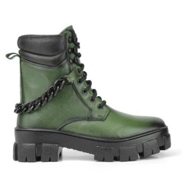 Imagem de Coturno Feminino FG em Couro com Corrente Lorena Verde Militar - Desig
