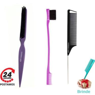 Imagem de Escova Cabelo 3 Fileiras Cerdas Firme, Pente Profissional Ponta Metáli