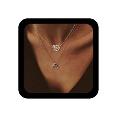 Imagem de Xduargs Colar Boho em camadas de coração gargantilha vintage filigrana colar de coração prata lua crescente colar colar colar de meia lua para mulheres, Zinco, Sem Pedra Preciosa