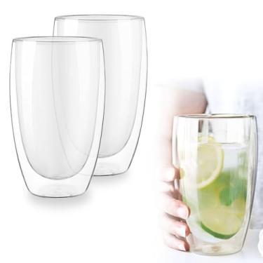 Imagem de Kit Copo Parede Dupla Camada 450ml Vidro Duplo Borossilicato Transparente Grande Suco Refrigerante Chopp Cerveja Café Chá Isolante Térmico (1,2,3,4,5 ou 6un) (02)