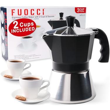 Imagem de FUOCCI Kit de café expresso Moka, máquina de café expresso italiana, 3 xícaras com xícaras de café expresso de cerâmica, conjunto de 2 - cafeteira cubana de aço inoxidável 170 g, cafeteira cubana de