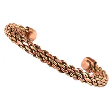 Imagem de INDTRESOR Pulseira magnética de cobre forjada à mão com padrão de trança de várias camadas estilo tibetano de calibre sólido e de alto calibre minimalista elegância minimalista em dois tons.