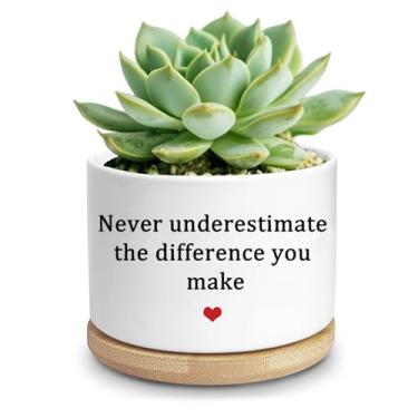 Imagem de TEOUIOS Vaso De Cerâmica Inspirador Para Suculentas Com Bandeja Bambu, Perfeito Cactos, Decoração Interna E Externa, Presente Amantes Plantas, Amigos, Escritório Acessórios Jardim