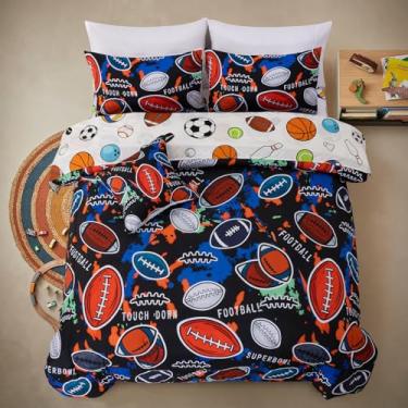 Imagem de A Nice Night Conjunto de edredom com 6 peças de bolas de rúgbi com conjunto de lençóis, tamanho casal de poliéster, vermelho e preto