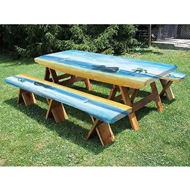 Imagem de GBYAGCS Toalha de mesa de piquenique e banco de poliéster Ocean 182,88 cm, tema de estilo marinho, conjunto de 3 peças, perfeita para festas ao ar livre, 32 x 182 polegadas