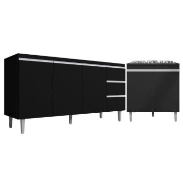 Imagem de Kit Balcão Gabinete Para Pia Andreia 150cm C- Balcão Cooktop 4 Ou 5 Bocas Preto