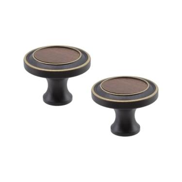 Imagem de Risbay Puxadores de gaveta redondos de madeira com furo único puxador de armário de grão de nogueira e latão de 3,5 cm (bronze café)