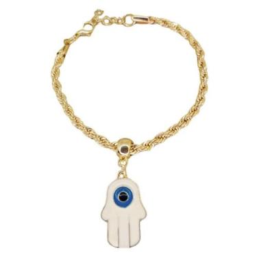 Imagem de Pulseira Cordão Proteção Mão Hamsá Olho Grego Dourada - META ATACADO