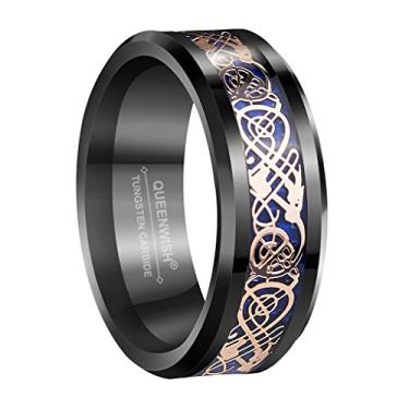 Imagem de Aliança de casamento de dragão celta de ouro rosa de tungstênio preto exclusivo de 8 mm com fibra de carbono azul para casais com ajuste confortável, Carboneto de tungstênio, Sem pedra preciosa