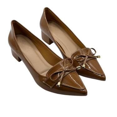 Imagem de Sapato Scarpin Feminino Social Verniz caramelo Bico Fino com Laço Elegante | Salto Baixo Confortável | Ideal para Trabalho, Festa ou Dia a Dia (BR, Adulto, Numérico, 40)