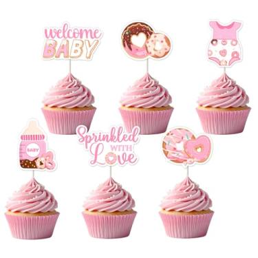 Imagem de JOYMEMO 36 Pieces Sprinkled with Love Baby Shower Cupcake Toppers - Pink Donut Baby Shower Cake Decorations for Girls, Double Sided Doughnut Theme Table Toppers