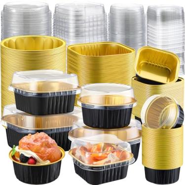 Imagem de Gejoy 200 peças de copos de alumínio para assar com tampas, formas descartáveis de bolo de ramequins quadradas, 10 e 141,7 g, redondas de 8 e forros de cupcake de 118 ml, molde de pudim de muffin