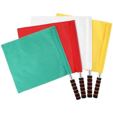 Imagem de HANABASS 4 bandeiras de sinalização manual, bandeiras de árbitro com alça de esponja, poste de aço inoxidável, para futebol, vôlei, futebol (amarelo, vermelho, verde, branco)