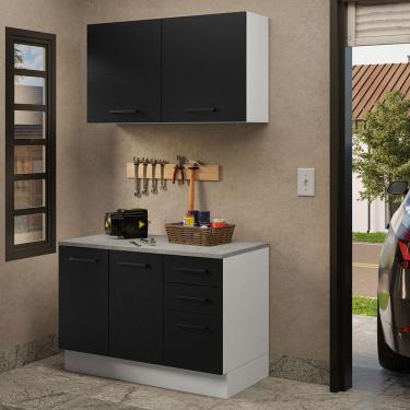 Imagem de Kit com Balcão e Armário Aéreo Multiuso 120cm Branco/Preto Agata Madesa