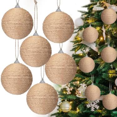 Imagem de Syhood 6 peças de enfeites de bola de Natal Boho Farmhouse juta corda pendurada bolas de Natal de serapilheira ornamentos rústicos neutros para guirlanda de árvore de Natal (8,5 cm, linho)