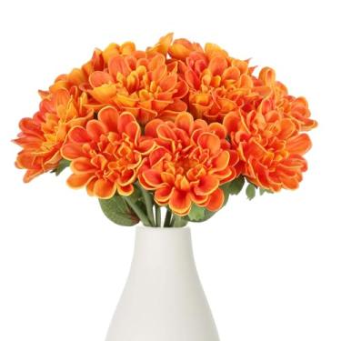 Imagem de IPOPU Flores artificiais de crisântemo laranja, 10 peças, mães falsas, 33 cm, flor de dália, dália, com haste para casa, casamento, escritório, mesa, centro de mesa, decoração floral (laranja)
