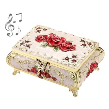 Imagem de ELLDOO Caixa de música vintage, caixa de joias musical de metal bege, caixa de lembrança, pequena caixa de armazenamento de joias de presente para meninas e mulheres (melodia: You are my sunshine