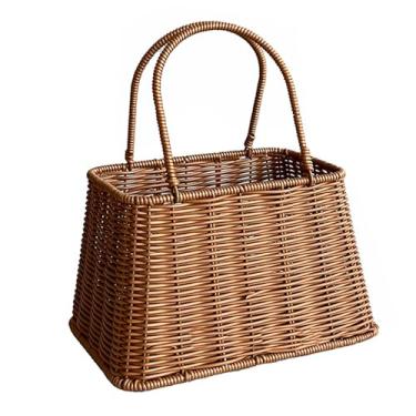 Imagem de Cesta De Imitação De Plástico Rattan Cesta De Piquenique Rústica Handwoven Com Alça Grande Capacidade Trapezoidal Design Para Armazenamento De Alimentos Home Decor Piqueniques Ao