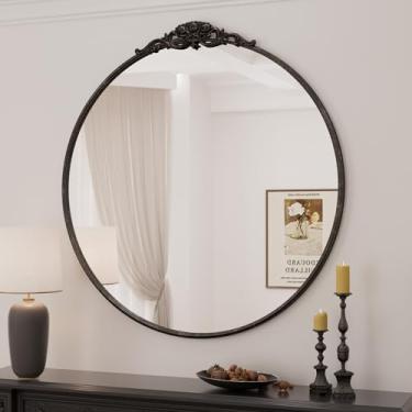 Imagem de Keonjinn Espelho antigo redondo de 71 cm x 71 cm, espelho preto vintage circular com moldura de metal, espelhos decorativos vintage para parede, espelho art déco circular ornamentado para corredor