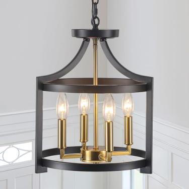 Imagem de Lustre moderno Farmhouse 4 luminárias pretas e douradas claras para sala de jantar, lustre de cozinha sobre mesa pendente conversível semi embutido luminária de teto para entrada hall de entrada ilha