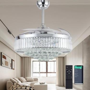 Imagem de PAFRUMGE Lustre regulável de 132 cm, ventiladores de teto de cristal com luzes e controle remoto, ventilador de teto moderno com lâminas retráteis invisíveis para quarto, sala de estar, cromo polido