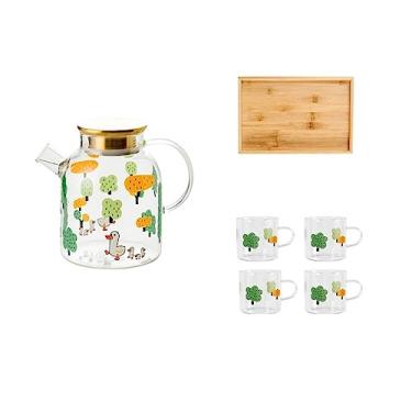 Imagem de Conjunto de jarra de água Conjunto de chaleira fria de vidro resistente ao calor, bule de chá, chá, frutas, máquina de chá, bandeja de grande capacidade, jarro de água com copos (Cor: Latão, Tamanho