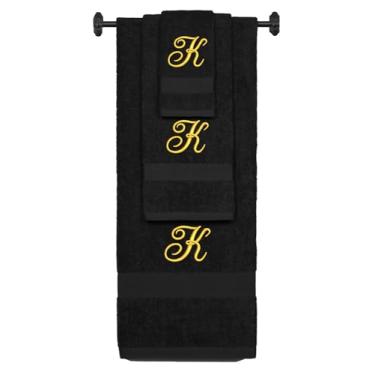 Imagem de Iniciais bordadas personalizadas A-Z - Toalha de banho de algodão felpudo personalizada, conjunto de toalha de mão e toalha de banho - Conjunto de toalhas pretas, letra K com letra Diana dourada