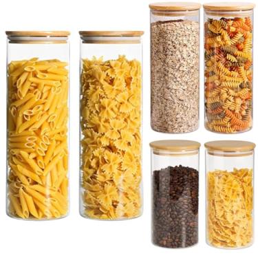 Imagem de Kit Conjunto 6 Potes de Vidro Hermético Tampa de Bambu Vedação Silicone Pote Armazenamento Mantimento