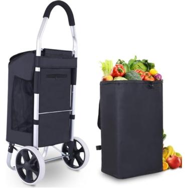 Imagem de Carrinho De Compras Resistente Com Rodas, Carrinho De Supermercado Portátil Pequeno Dobrável Com Sacola De Compras Removível à Prova D'água Estrutura De Liga De Alum, 2 Wheels Black