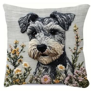 Imagem de Lindas capas de almofada de cachorro Schnauzer, estampa floral de flores exclusivas com zíper, capa de almofada de cachorro de estimação para sofá, cama, carro, sala de estar 45 x 45 cm