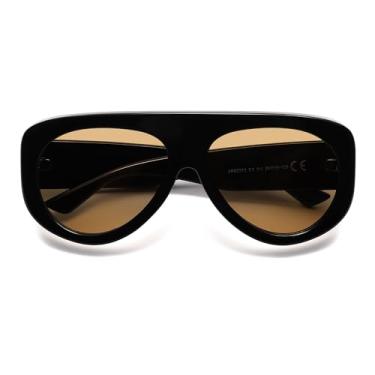 Imagem de HERJOUR Óculos de sol modernos aviador feminino masculino retrô anos 90 retângulo wrap shades estilo grande AR82372, C3 preto/marrom claro, Medium