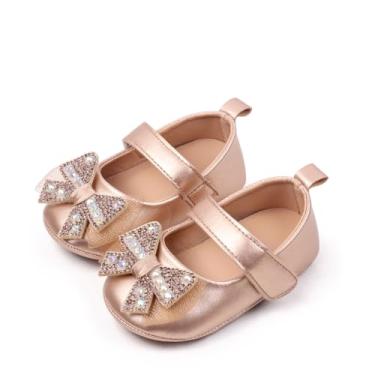 Imagem de Bellocasa Baby Mary Jane Sapatilhas para meninas com laço de algodão sola antiderrapante primeiro andador vestido princesa berço sapatos de casamento, W5122 Ouro, 12-18 Months Toddler