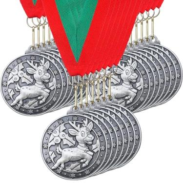 Imagem de Loetere 30 medalhas de rena de Natal, medalhas de rena de prata, 5 cm, medalhas de troféu de Natal, inclui fita de pescoço para enfeite de festa de Natal, prêmio de presente