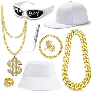 Imagem de GIFIKOI Acessórios masculinos anos 80 anos 90 conjunto de fantasia de rapper hip hop, corrente de ouro falsa, sinal de dinheiro, colar hip hop, chapéu de rapper, boné, bijuteria, branco