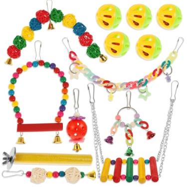 Imagem de 13 peças de brinquedos de periquito, periquito, periquito, acessórios de gaiola de periquito de madeira, balanços de poleiro para pequenos brinquedos de calopsita conure, balanço de escada de pássaro