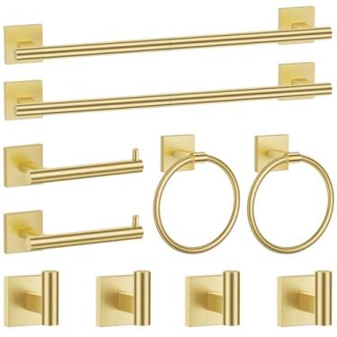 Imagem de Conjunto de toalheiros de acessórios de banheiro dourado escovado, conjunto de 10 peças de suporte de barra de toalha de banheiro, suporte de papel higiênico de aço inoxidável de 60 cm para banheiro