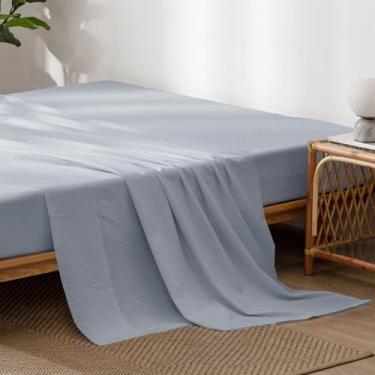 Imagem de MooMee Lençol de cima liso 100% linho de algodão lavado, texturizado, respirável, durável, macio e confortável (azul centáurea, Queen)