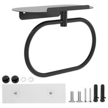 Imagem de Anel de toalha de mão com prateleira, suporte de toalha de mão de aço inoxidável montado na parede, acessórios de banho resistentes, cabides de toalhas para banheiro e cozinha (preto)